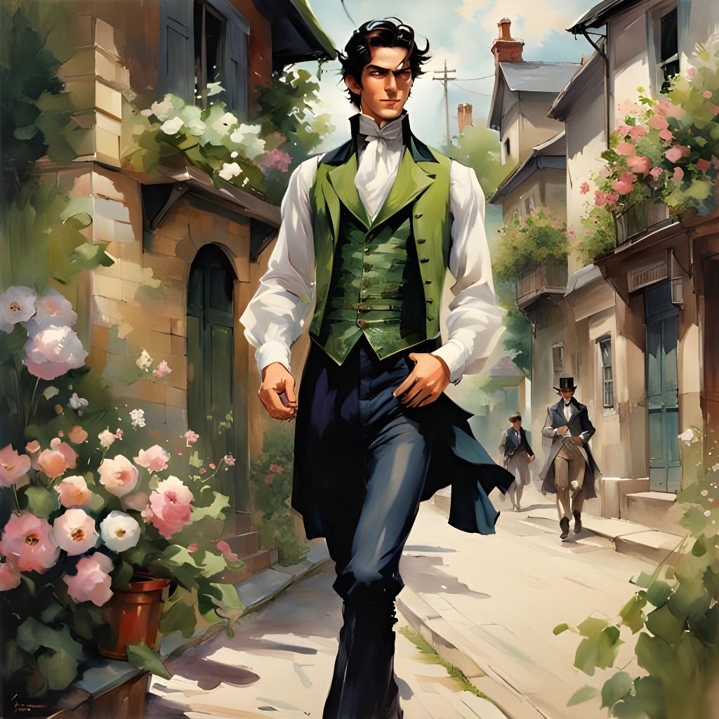 Victorian Man Walking on Village Street in Splash Art