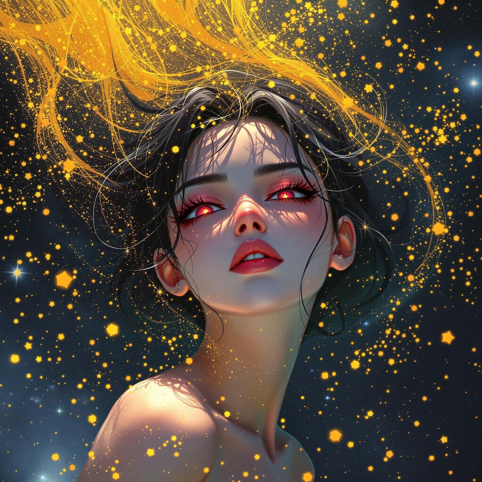 Anime Woman Falling Through Stardust Galaxy