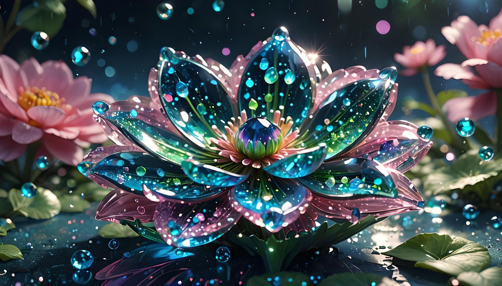 Fantasy Glass Flower Dewdrop in Anime Style