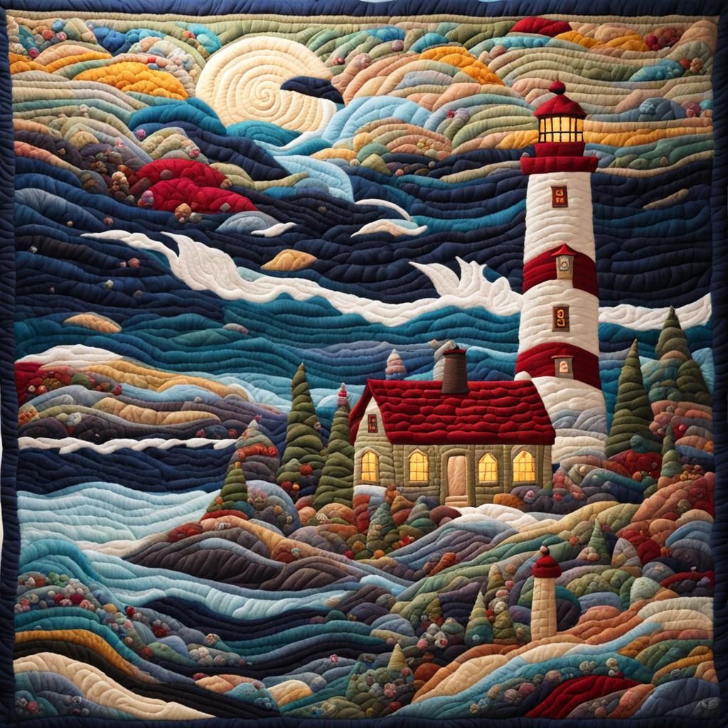 Quilted Winter Seascape Lighthouse in Yarn and Wool