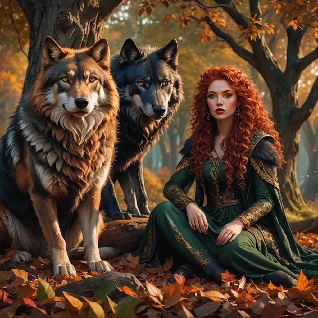 Girl with Wolf in Autumn Clearing