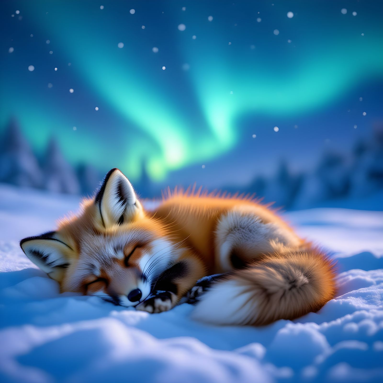 Adorable Fox Pup Sleeping Under Aurora