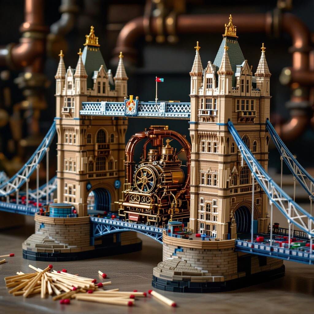 Steampunk Tower Bridge Made of Wooden Matchsticks