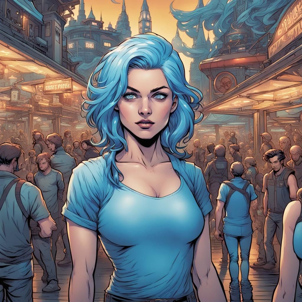 Blue-Haired Woman at Theme Park, Comic Book Art