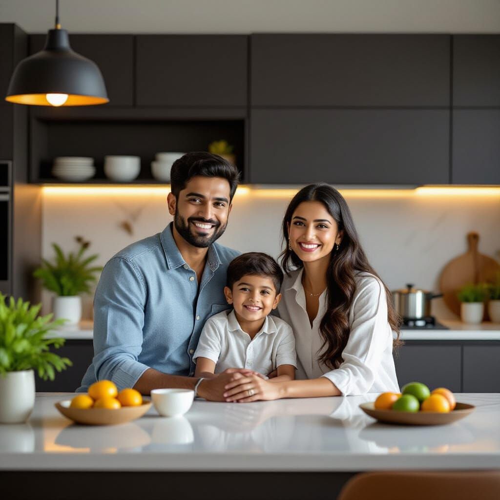 Happy Indian Family in Modern Modular Kitchen