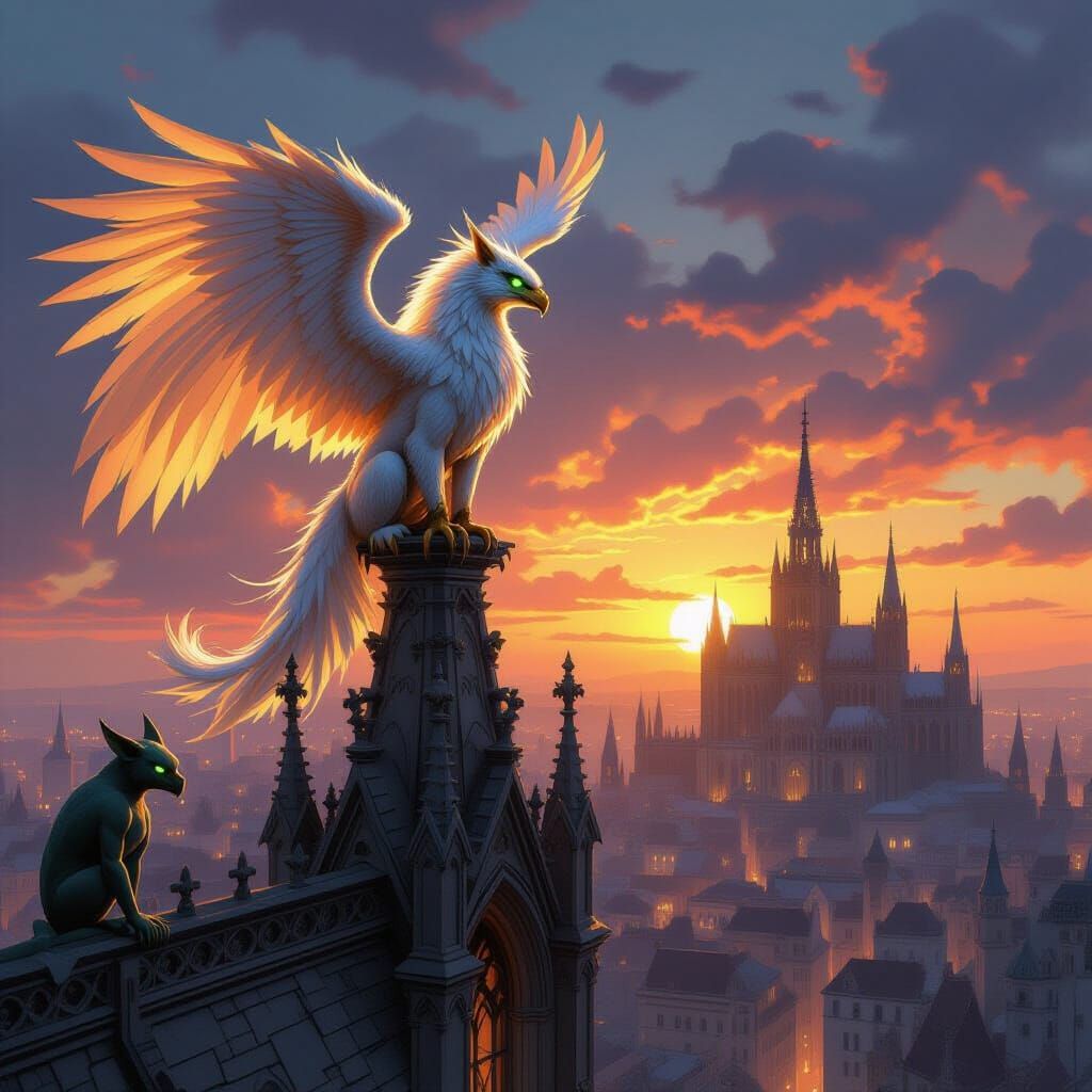 Golden Griffin on Gothic Spire at Sunset