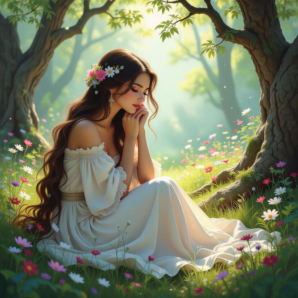 Whimsical Woman in Sunlit Forest Clearing Miniature Painting