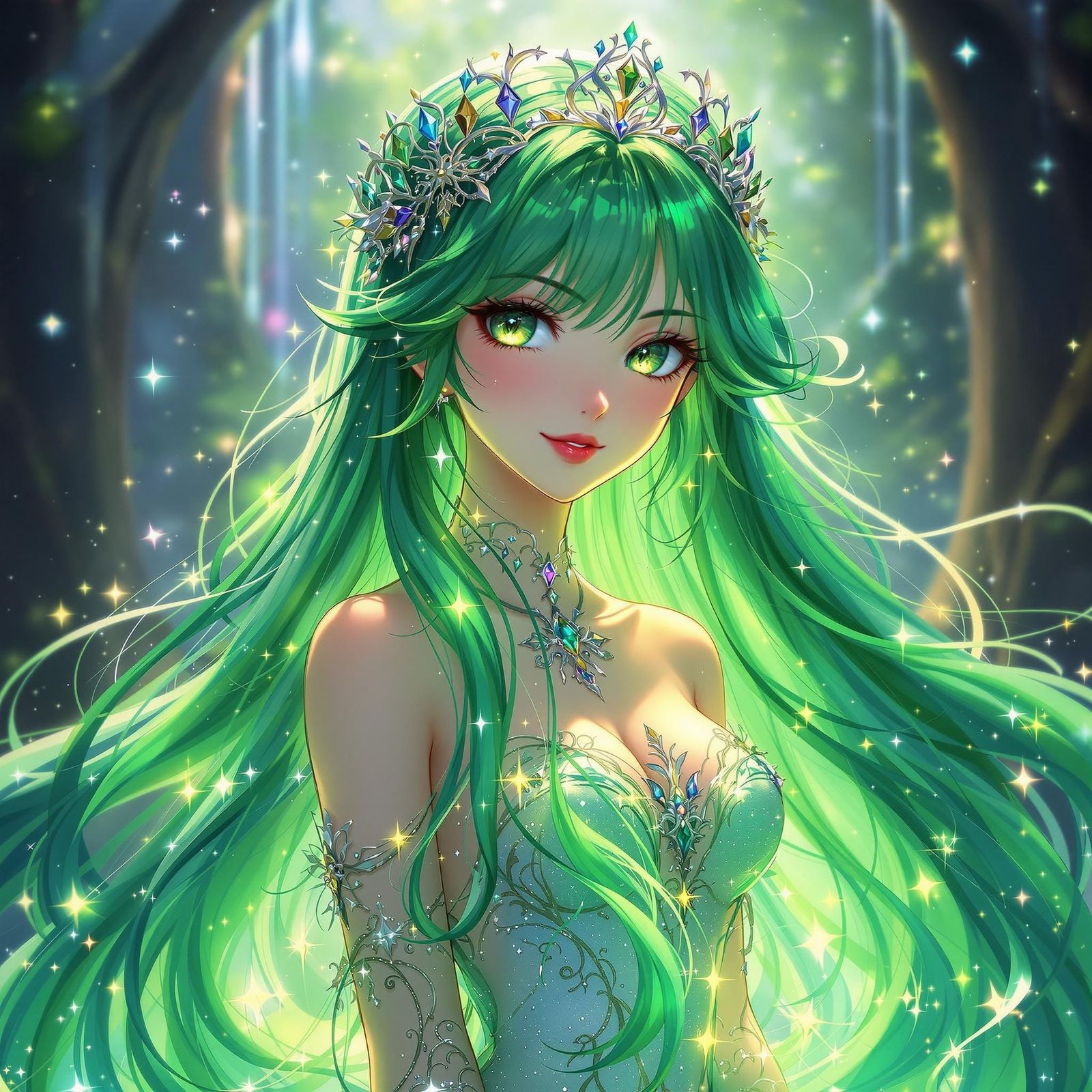 Enchanted Anime Princess with Vibrant Green Hair and Glitter...