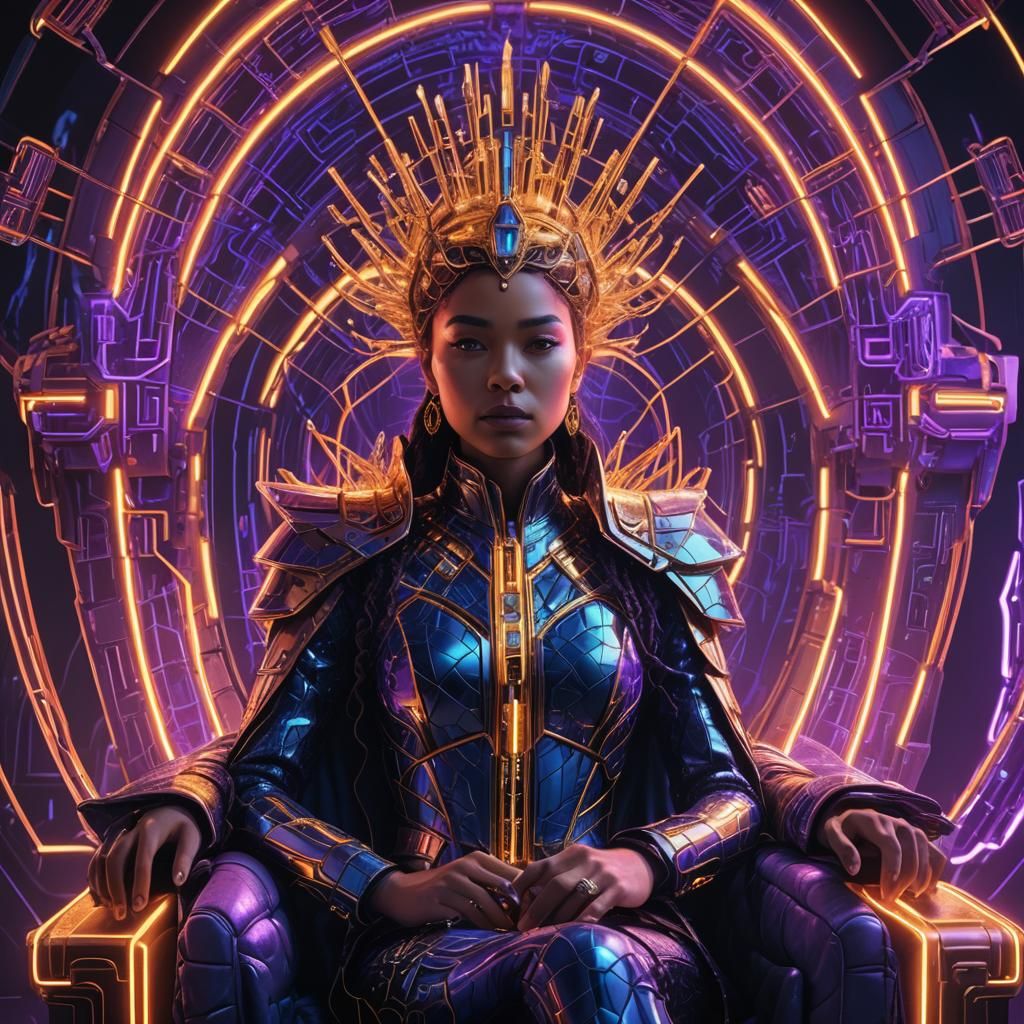Futuristic Queen in Neon Throne Room: Digital Art