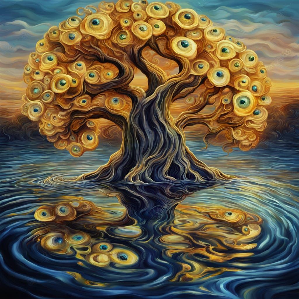 Surreal Eyeball Tree in Water: Oil Painting