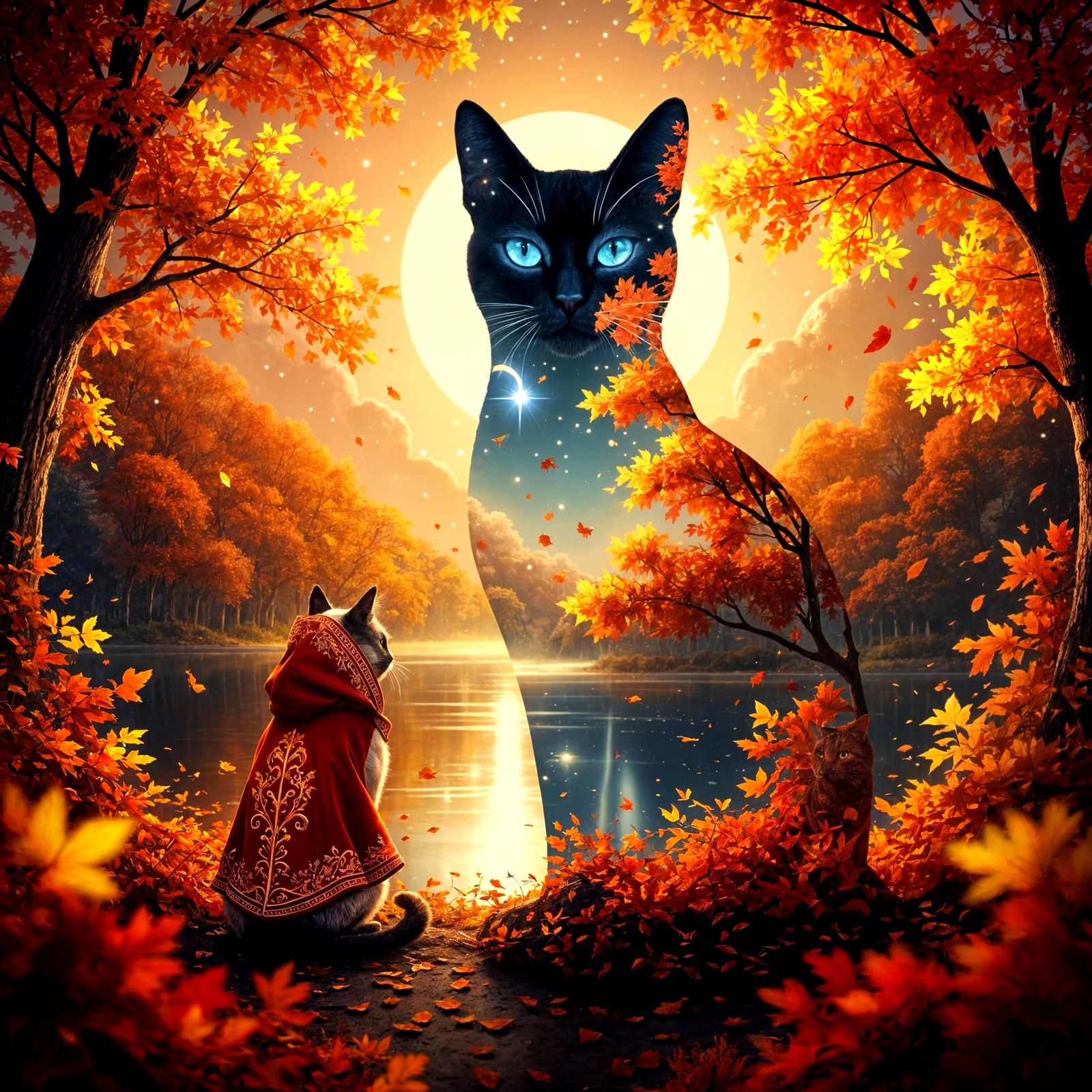 Magical Fall Landscape Double Exposure With Cat Silhouette