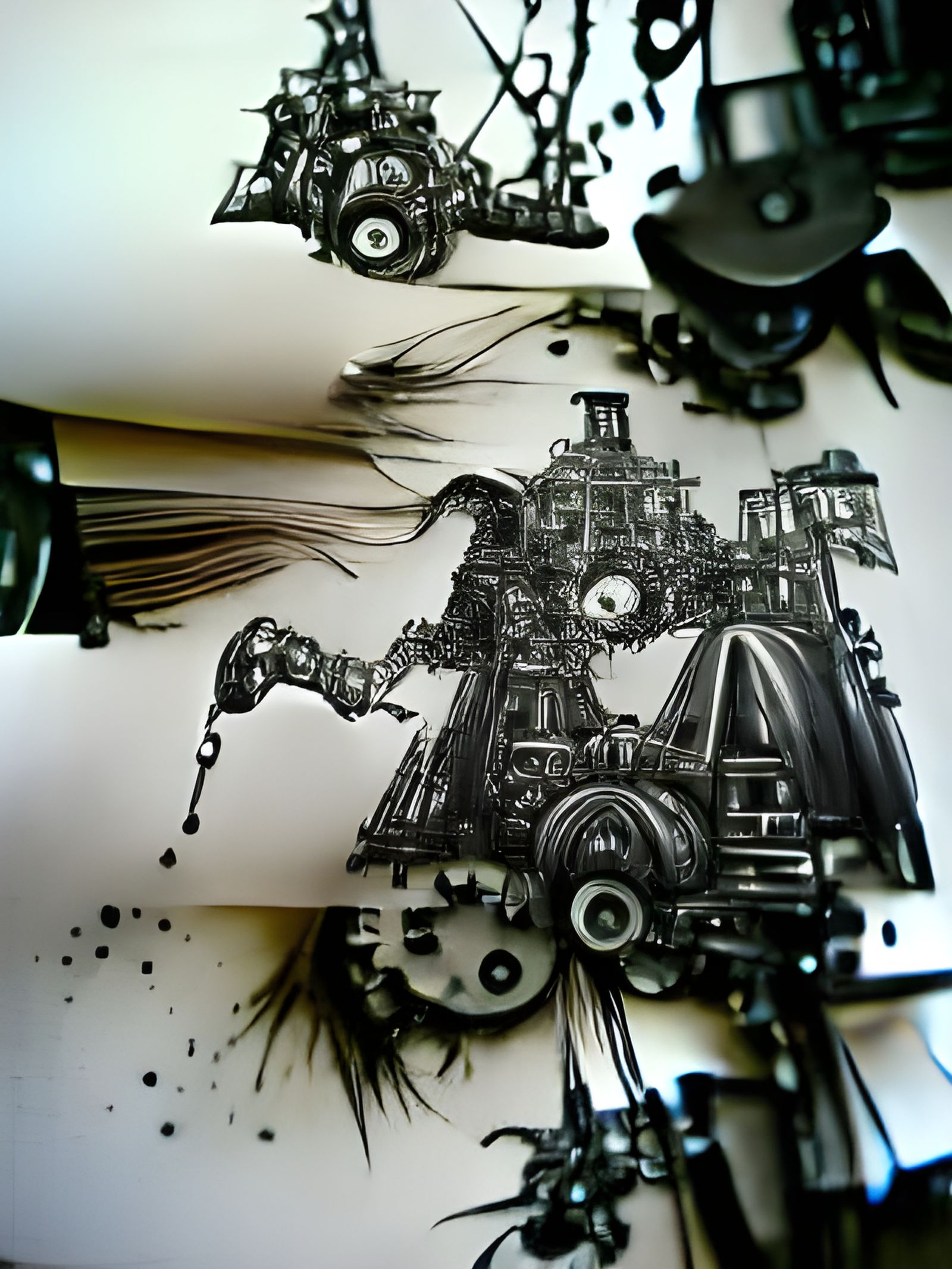 Intricate Black Ink Mechanical Mayhem Illustration