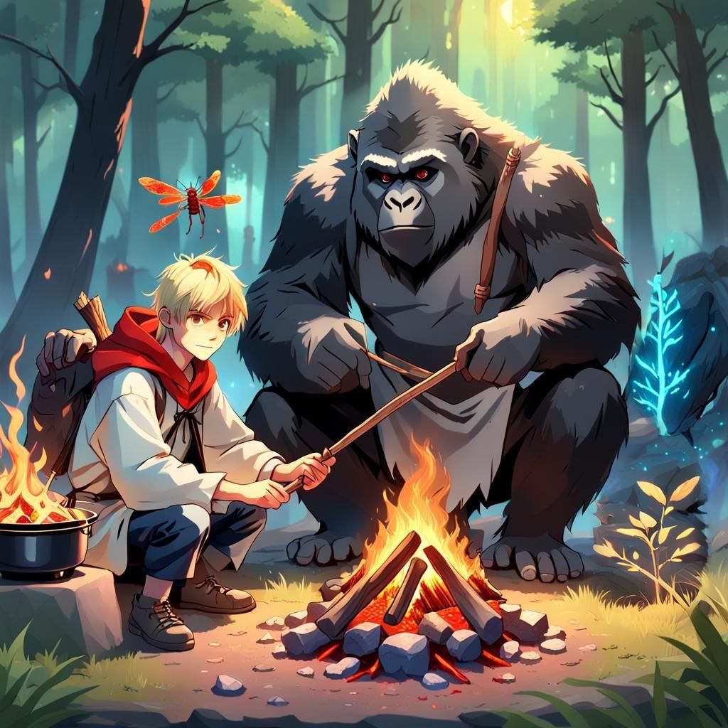 Wizard Cooks with Gorilla in Fluorescent Forest, Anime Art