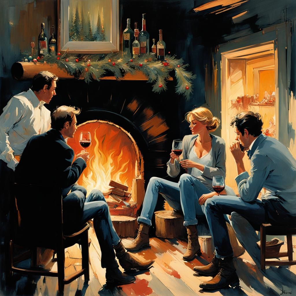 Festive Friends Gather by Fire, Watercolor Illustration