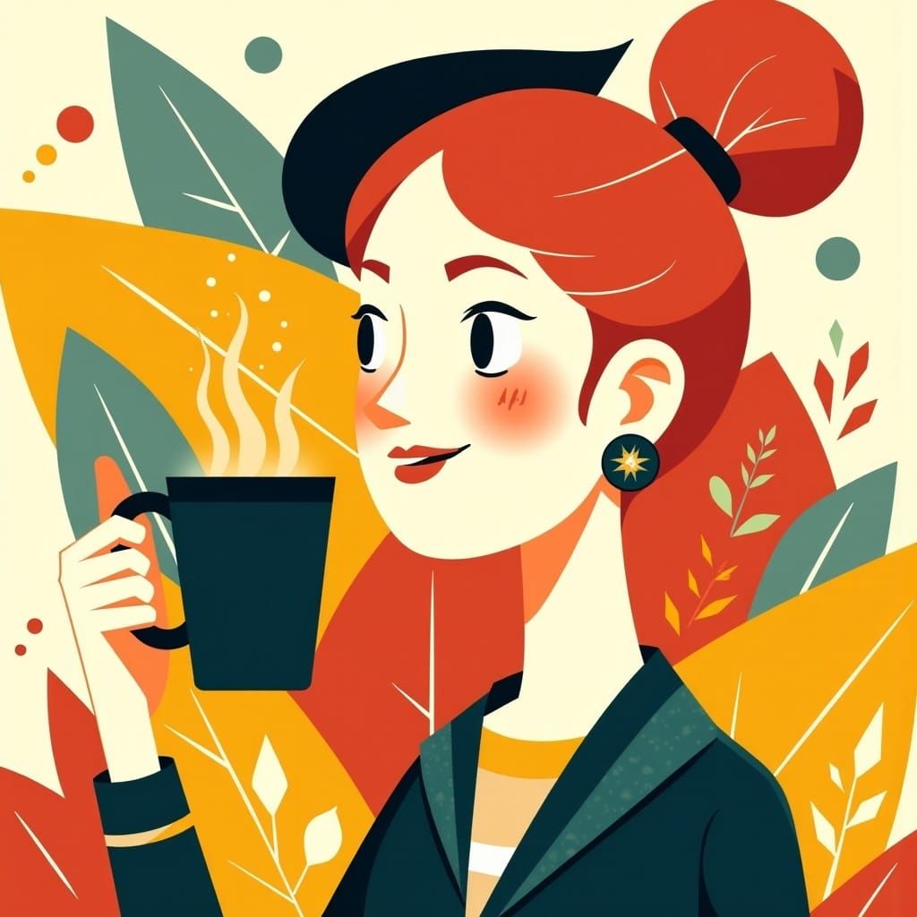 Smiling Person with Coffee: Minimalist Geometric Illustratio...