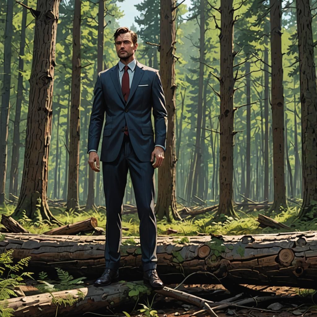 Man in Suit on Log: Comic Book Style