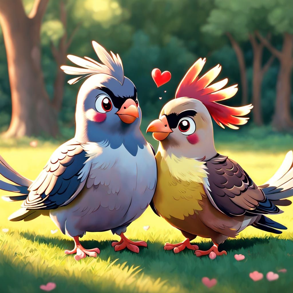 two pidgeons in love, lighthearted, whimsical designs💕, Disney style, Pixar style