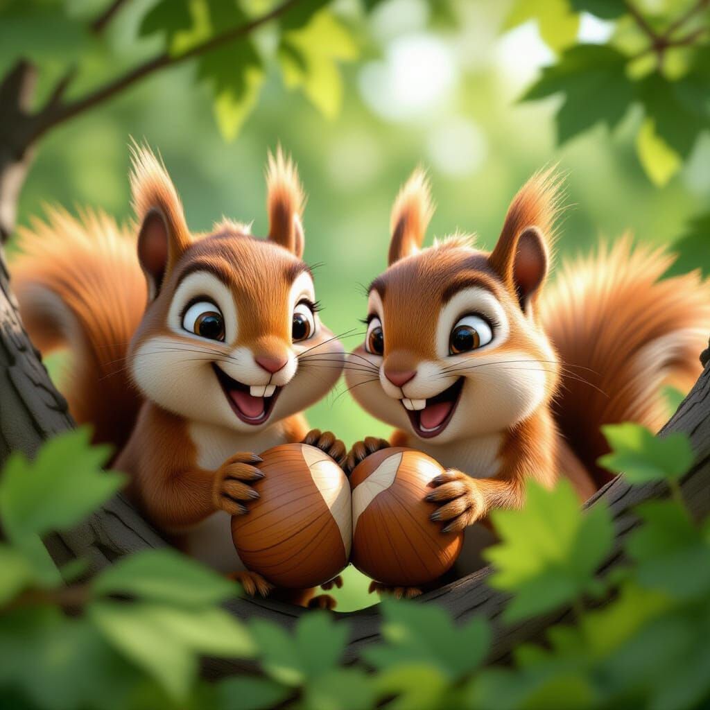 Cuddly Squirrels Snack on Giant Hazelnut in Pixar Style