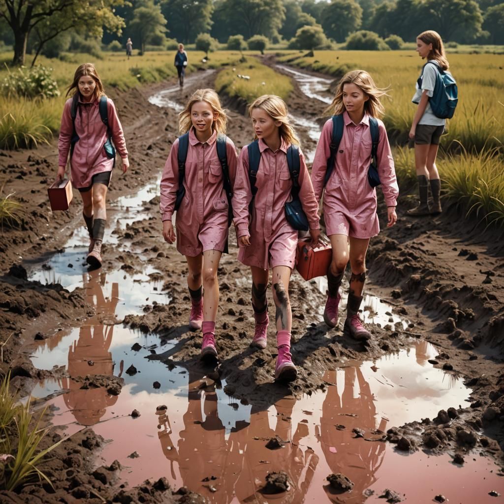 Girls' Nature Trip in Countryside Field: Matte Painting
