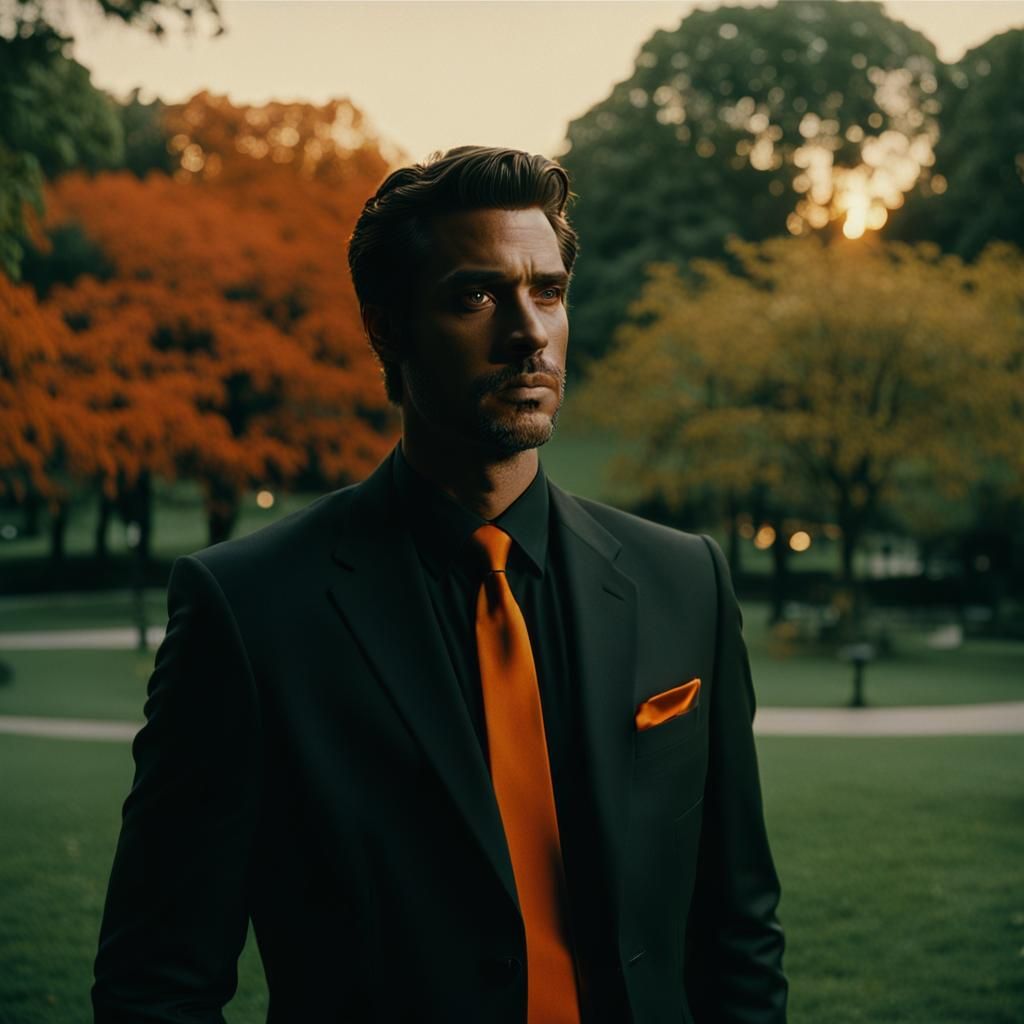 Man in Orange Suit in Park: Cinematic Film Still
