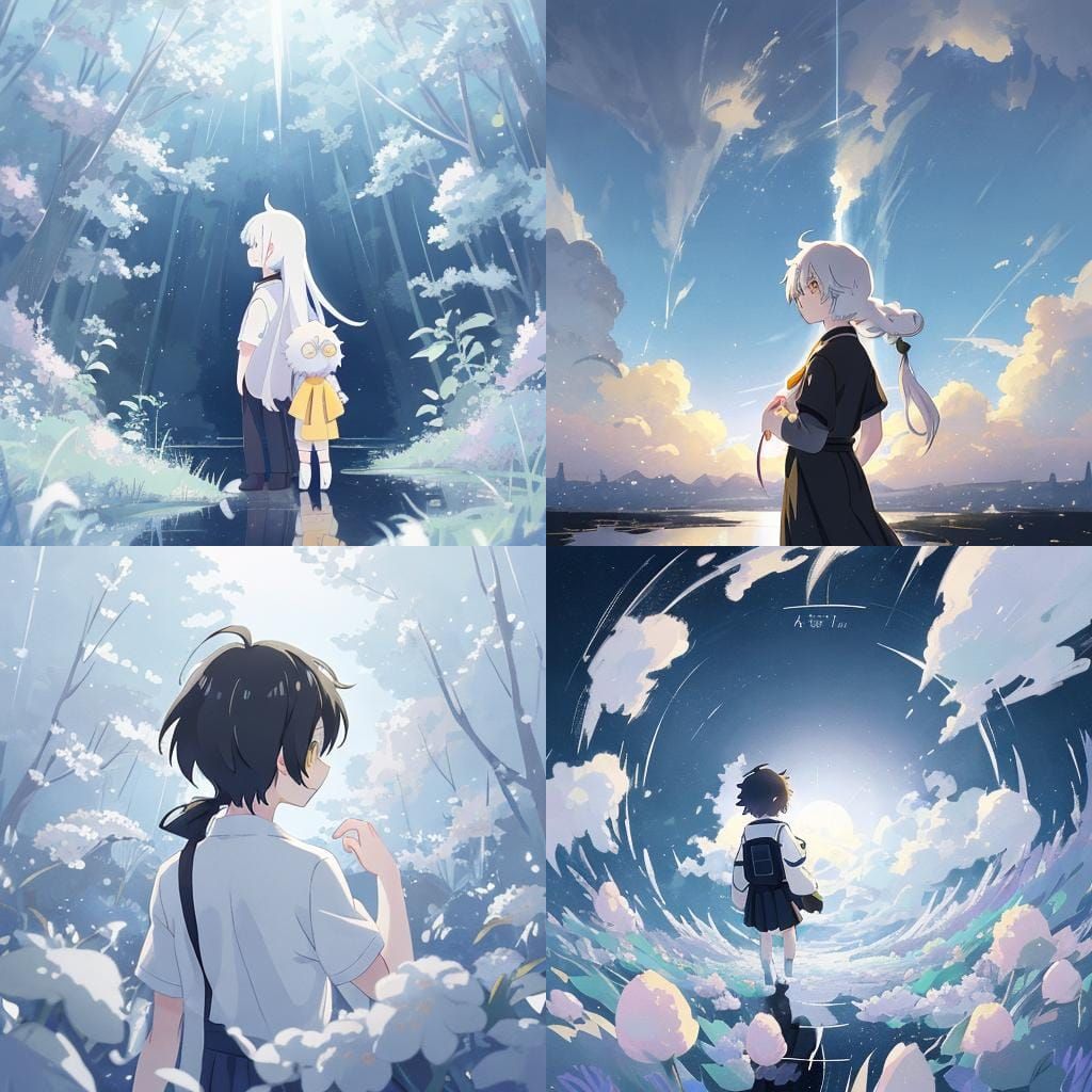 Anime Boy with White Hair in Pastel Sky