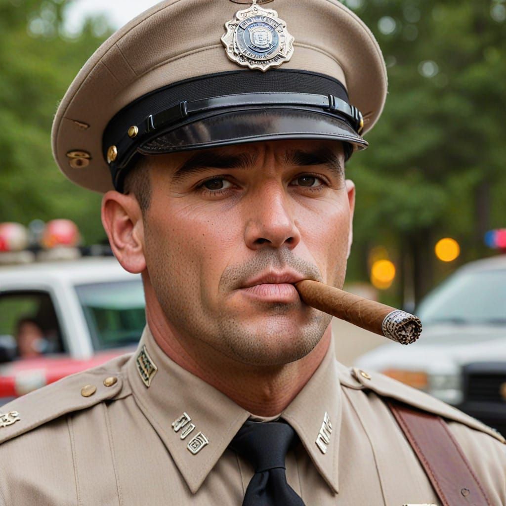 Handsome State Trooper Puffs on a Large Gauge Cigar in a Pro...