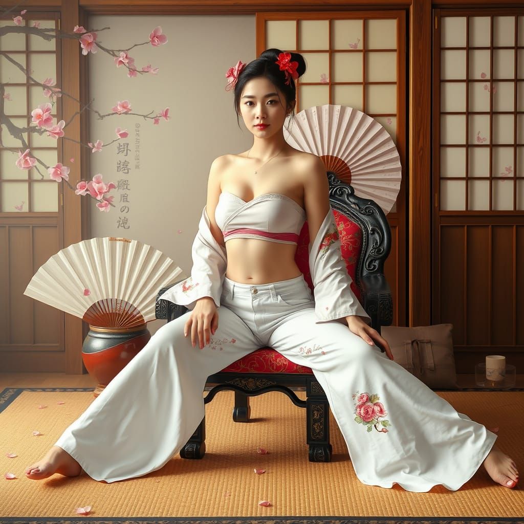 Geisha in White Jeans Surrounded by Cherry Blossoms