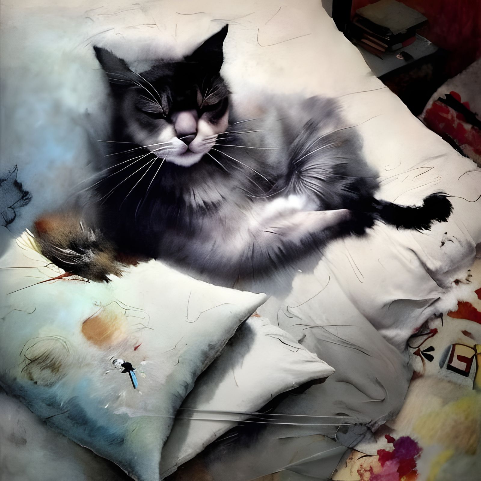 Obstinate Cat Sleeps, Feather Wielding Mistress