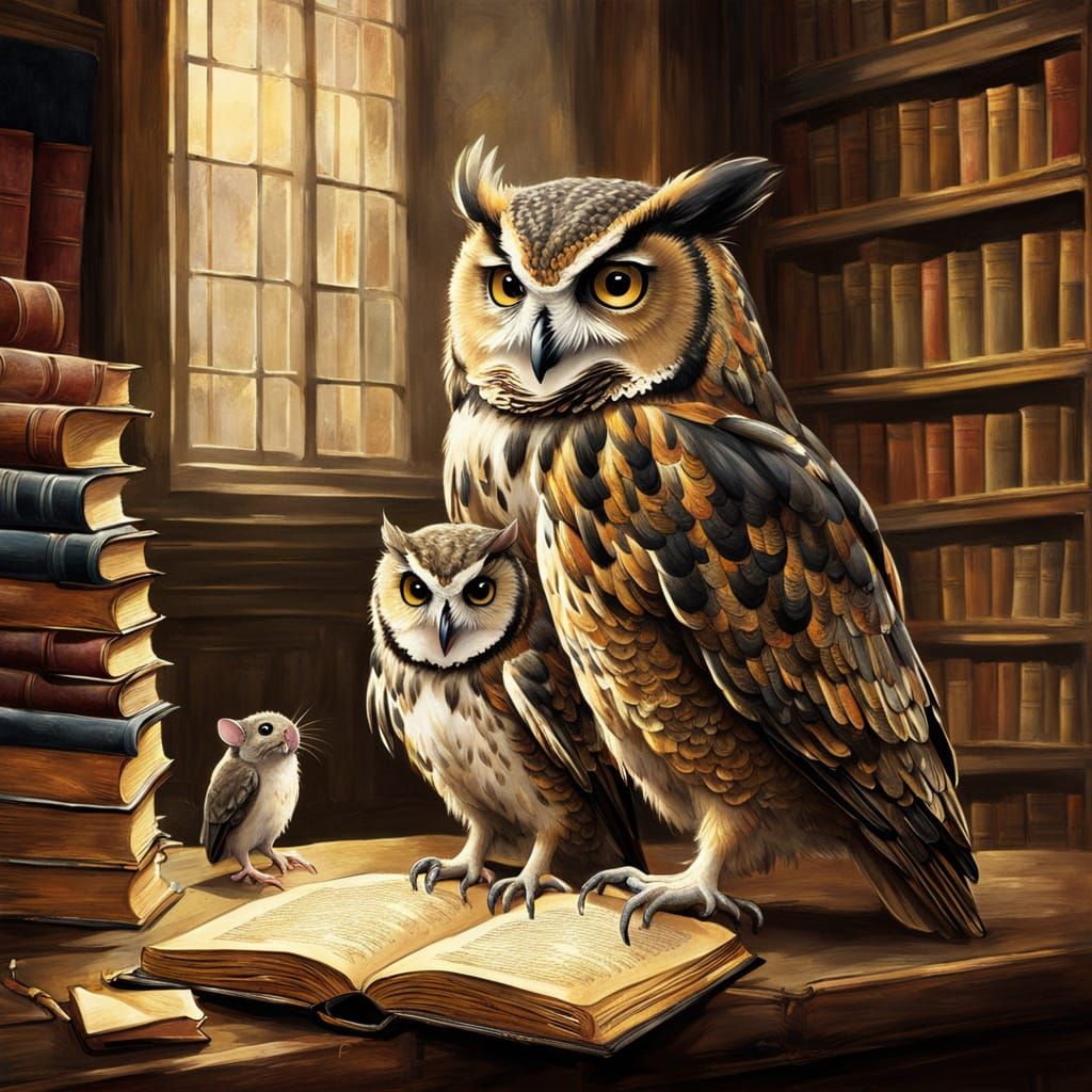 Owl and Mouse Read in Vintage Library Painting