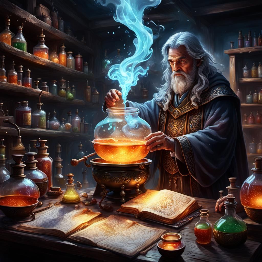 Mage Brewing Potions in a Mystical Laboratory