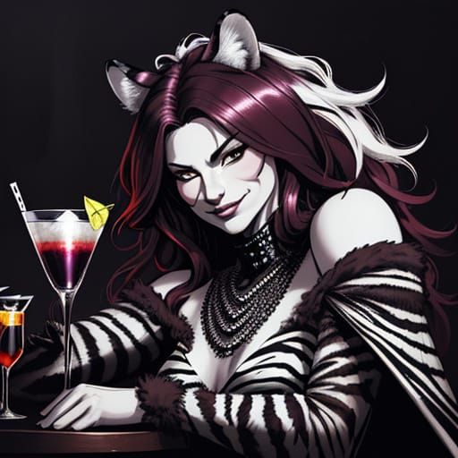 Sultry Tiger Woman in Zebra Print Gown Leans Against Bar