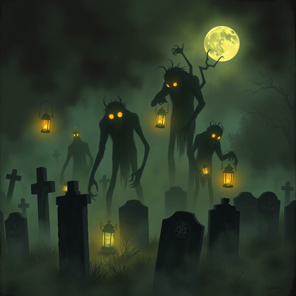 Mysterious, Shadowy Figures Emerge in Moonlit Cemetery Scene