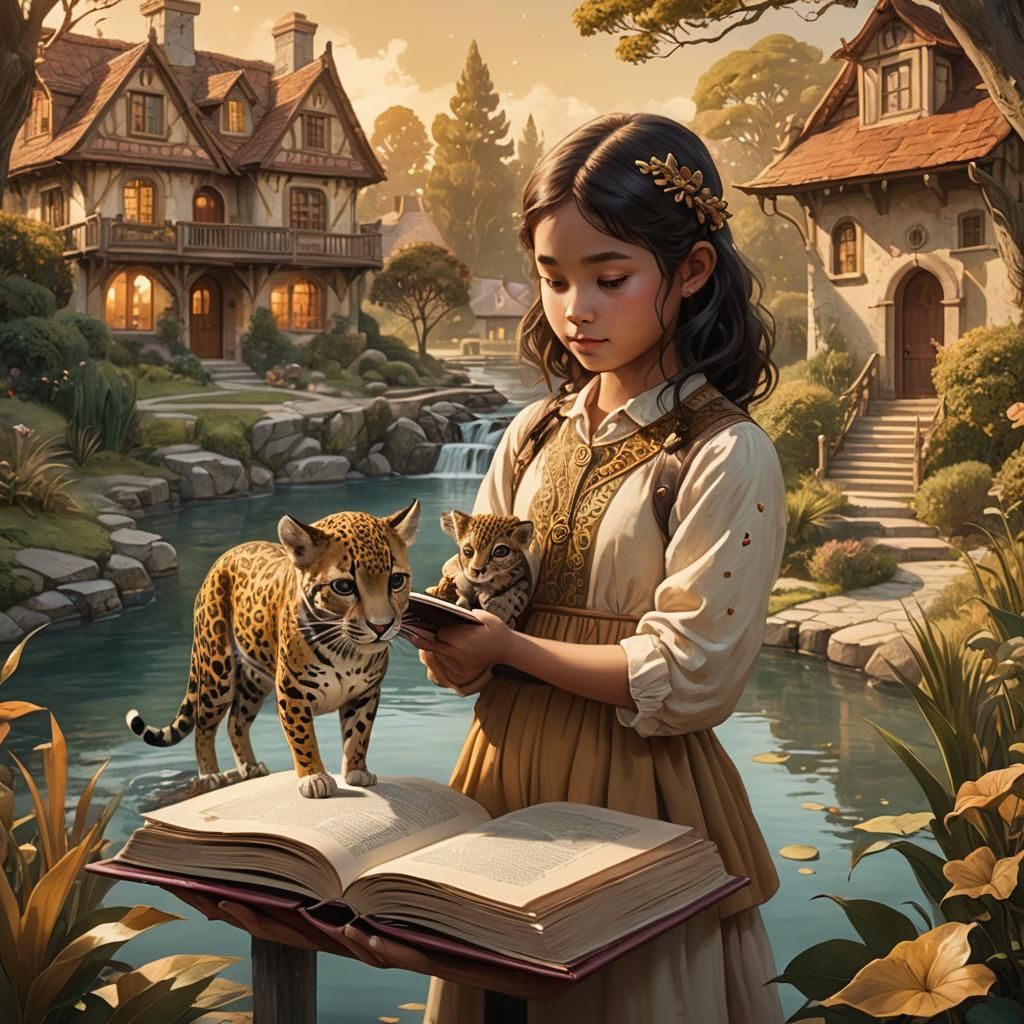 Fantasy Scene: Girl, Jaguar, and Enchanted Book