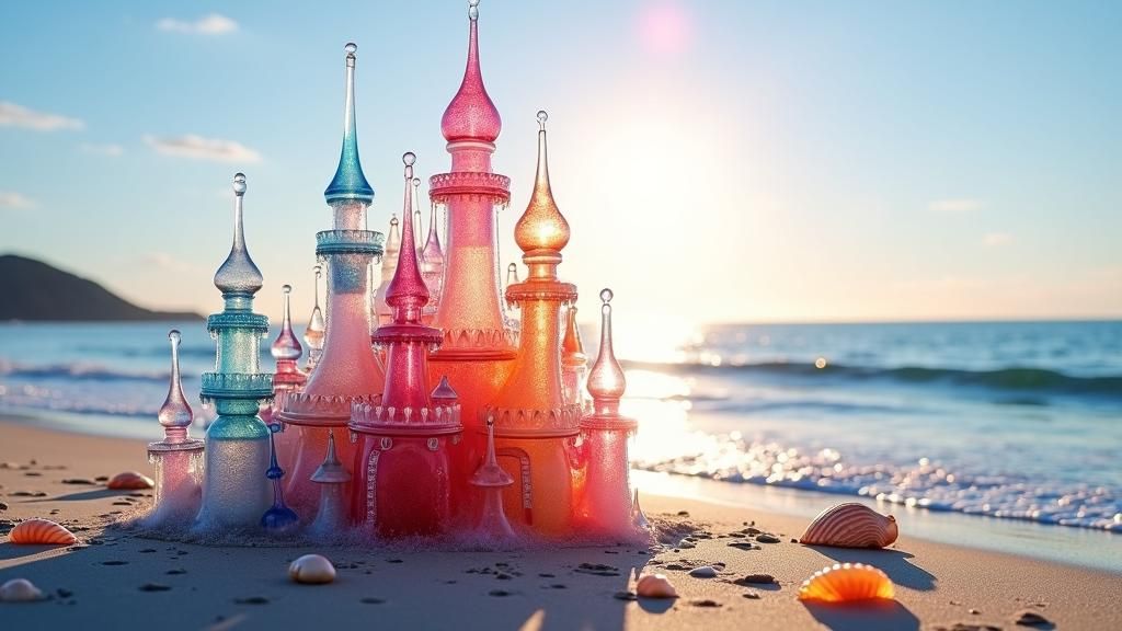 Blown Glass Castle Shimmers on Beach