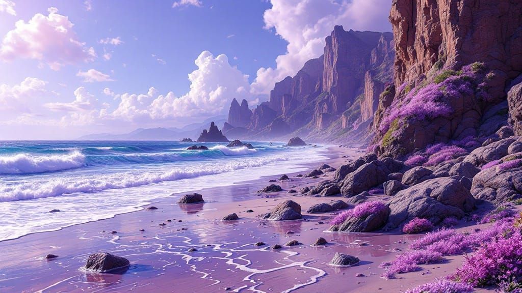 hyperdetailed surreal purple beach landscape