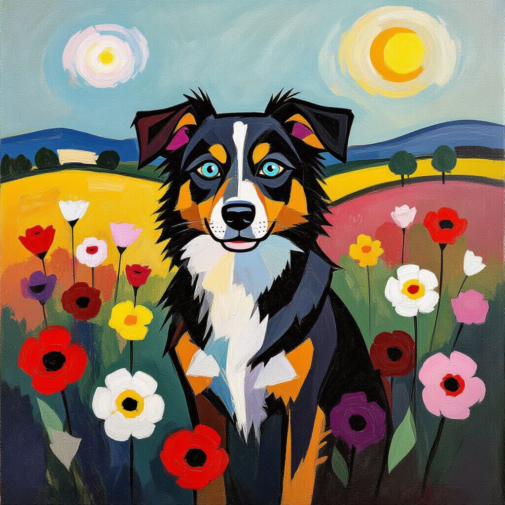 Dog in Expressionist Landscape with Flowers