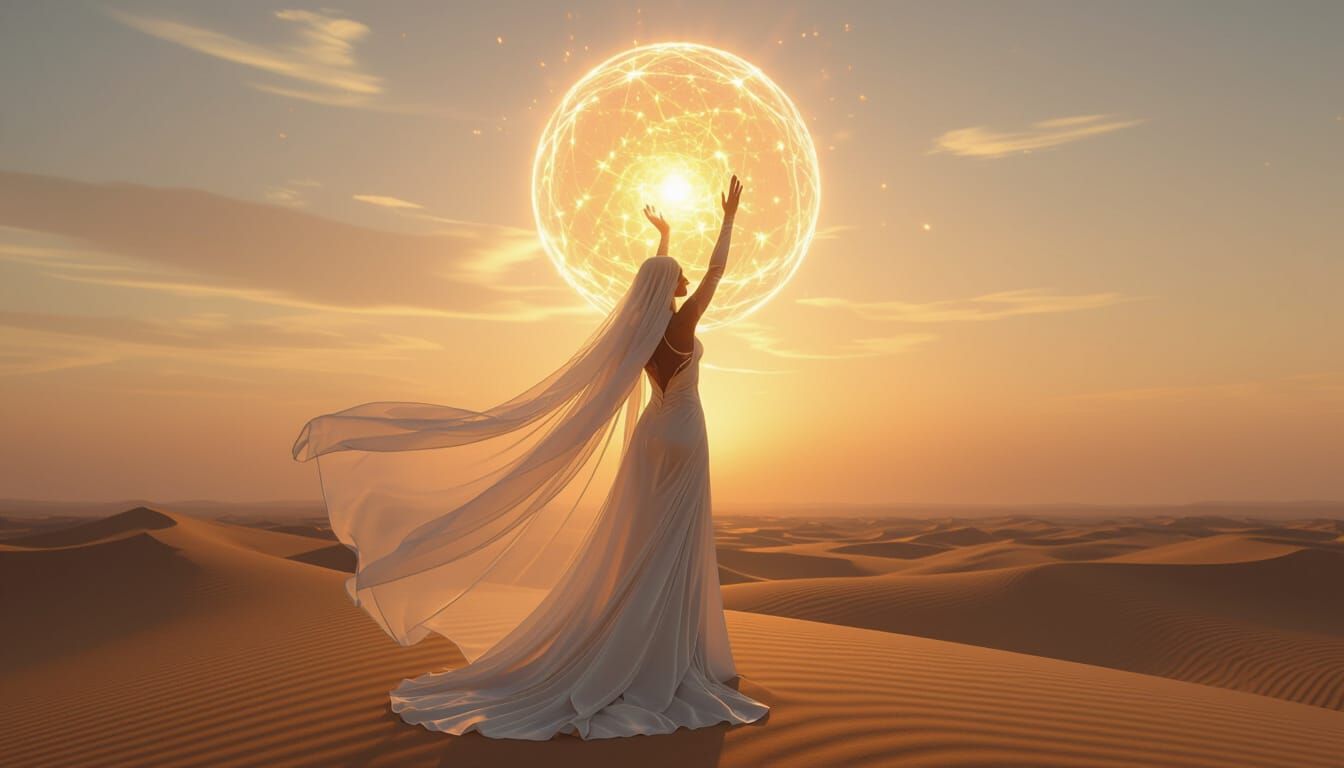 Goddess Summons Light Orb on Golden Dune