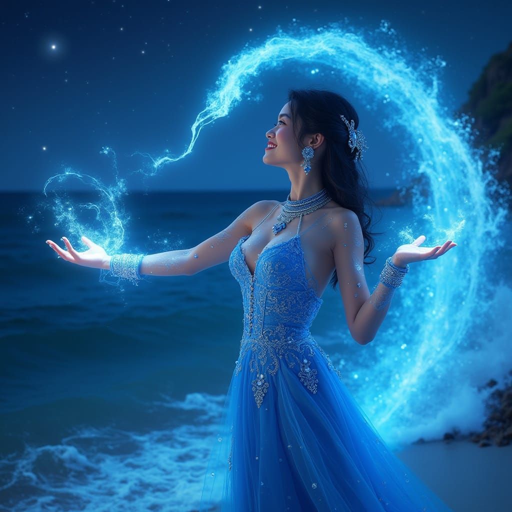 Enchantress Conjures a Wave on Starry Night
