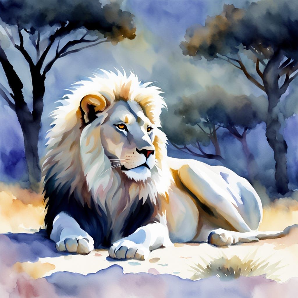 White Lion Resting in African Landscape, Watercolor Art