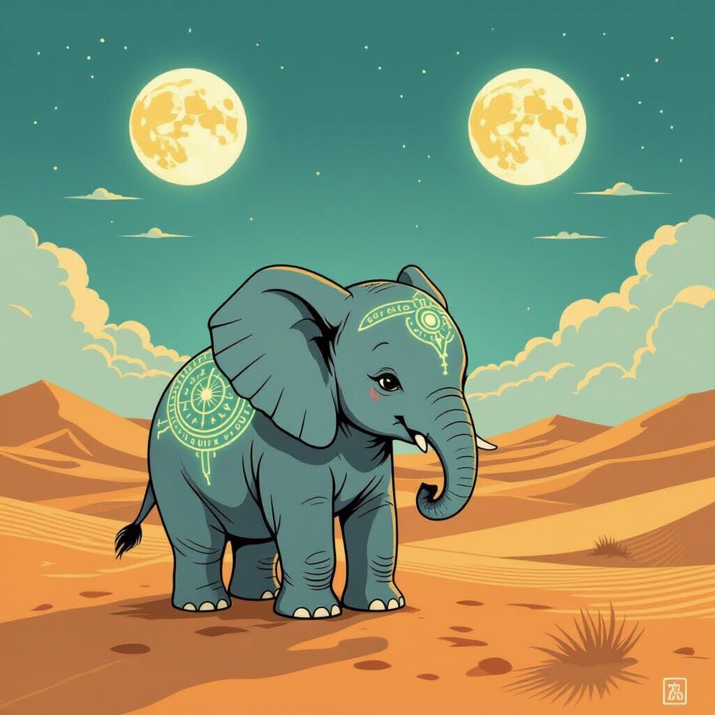 Baby Elephant With Magical Runes in Alien Desert