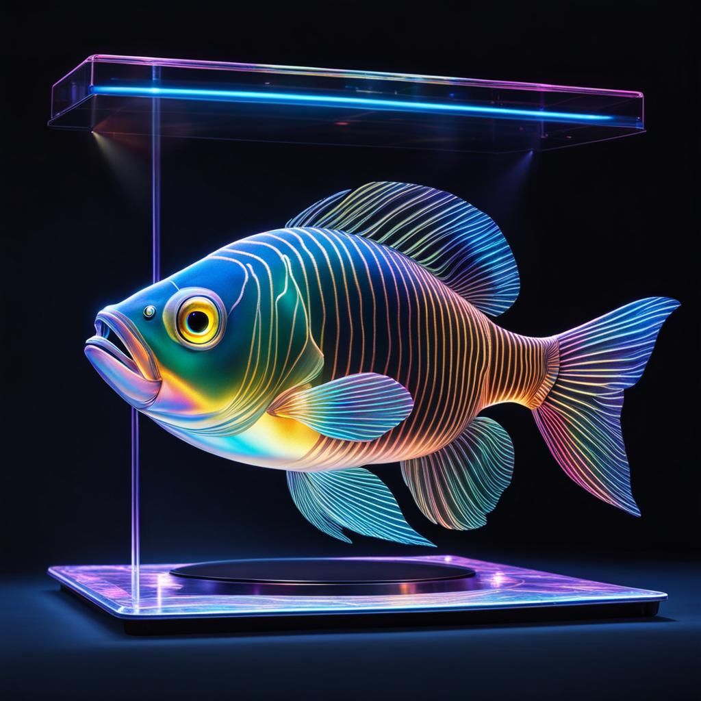 Holographic Iridescent Fish Floating Over Sci-Fi Projector