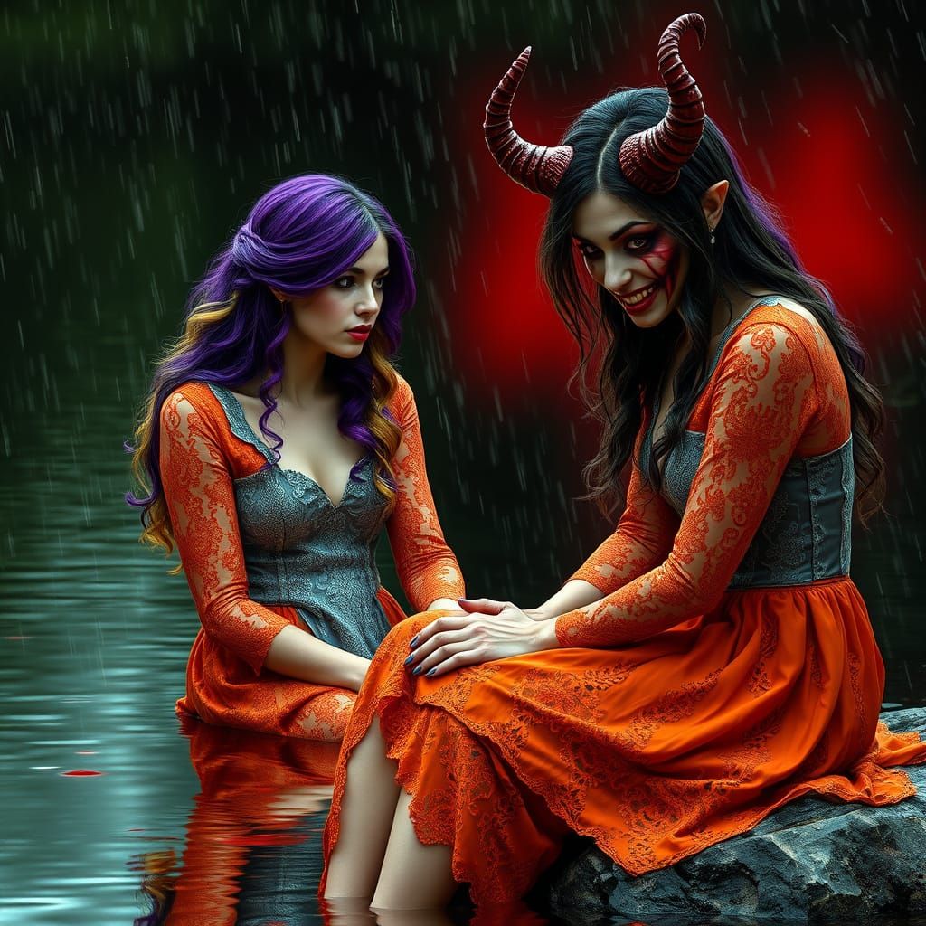 Woman and Demonic Reflection in Surreal Scene