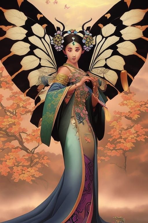 Geisha Butterfly Emergence: Japanese Fantasy Digital Art