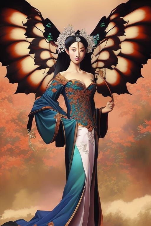 Geisha Butterfly Emergence: Ink Painting in Japanese Style