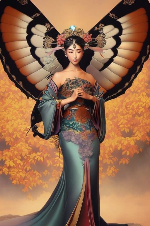 Geisha Butterfly Emergence: Calligraphy Ink Painting