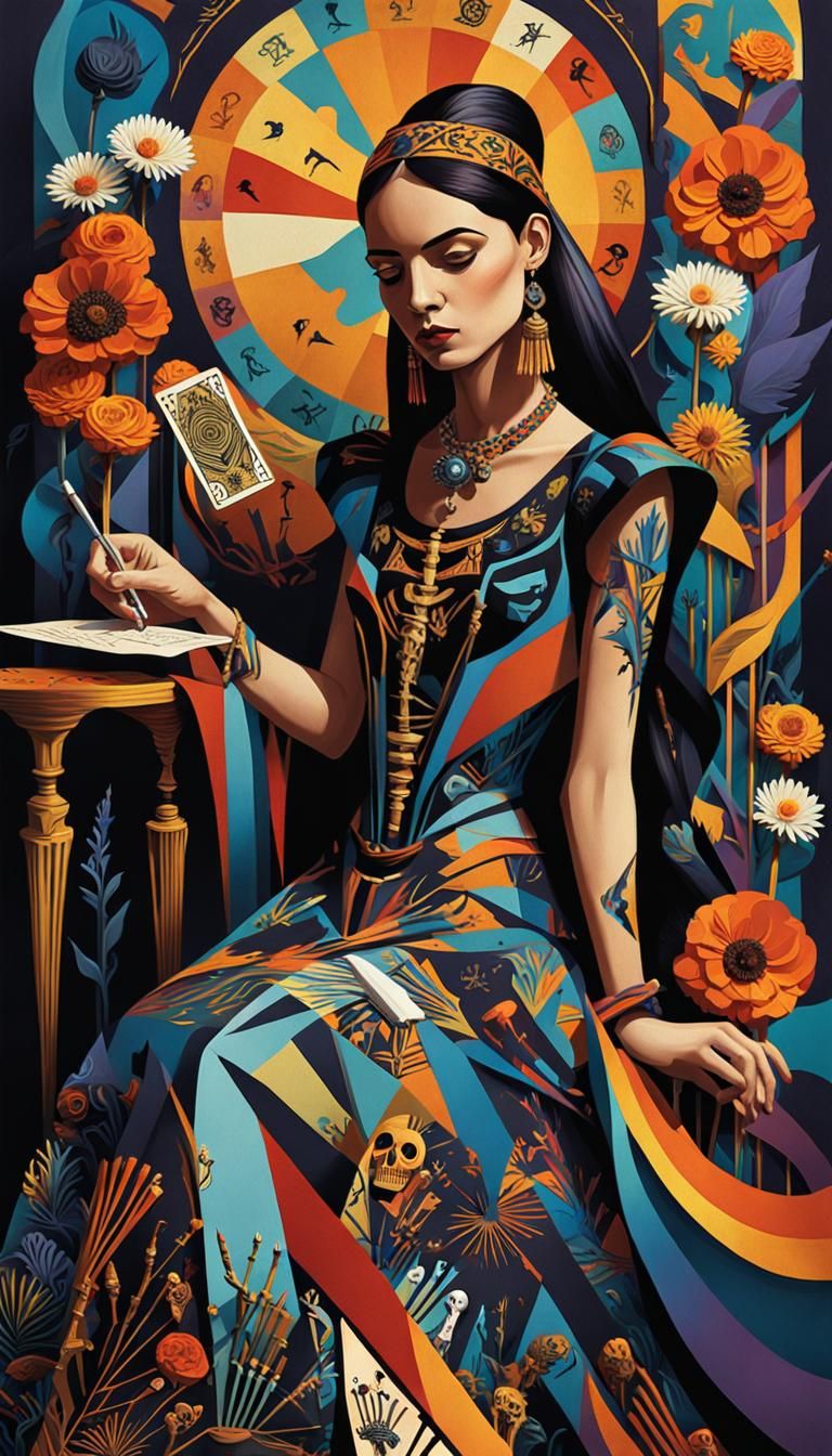 Cubist Death Tarot Card with Dancing Skeletons