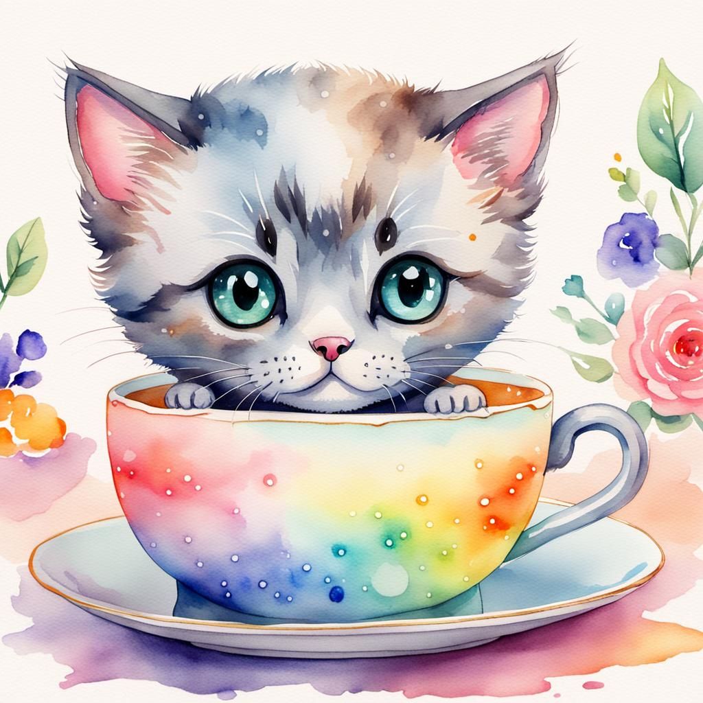 Watercolor Kitten in Teacup: Adorable Chibi Art
