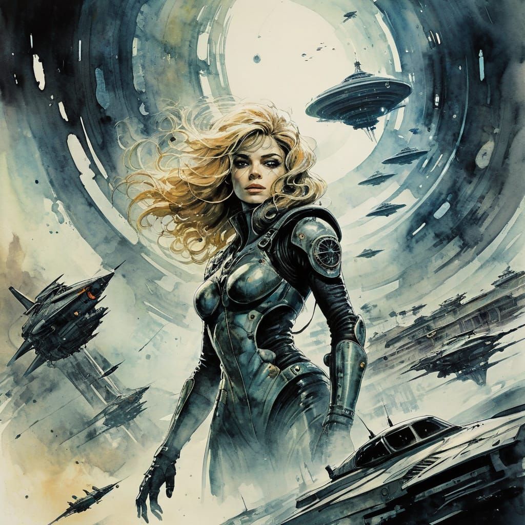 Barbarella Pilot Amidst Distorted Vortex on Alien Airfield