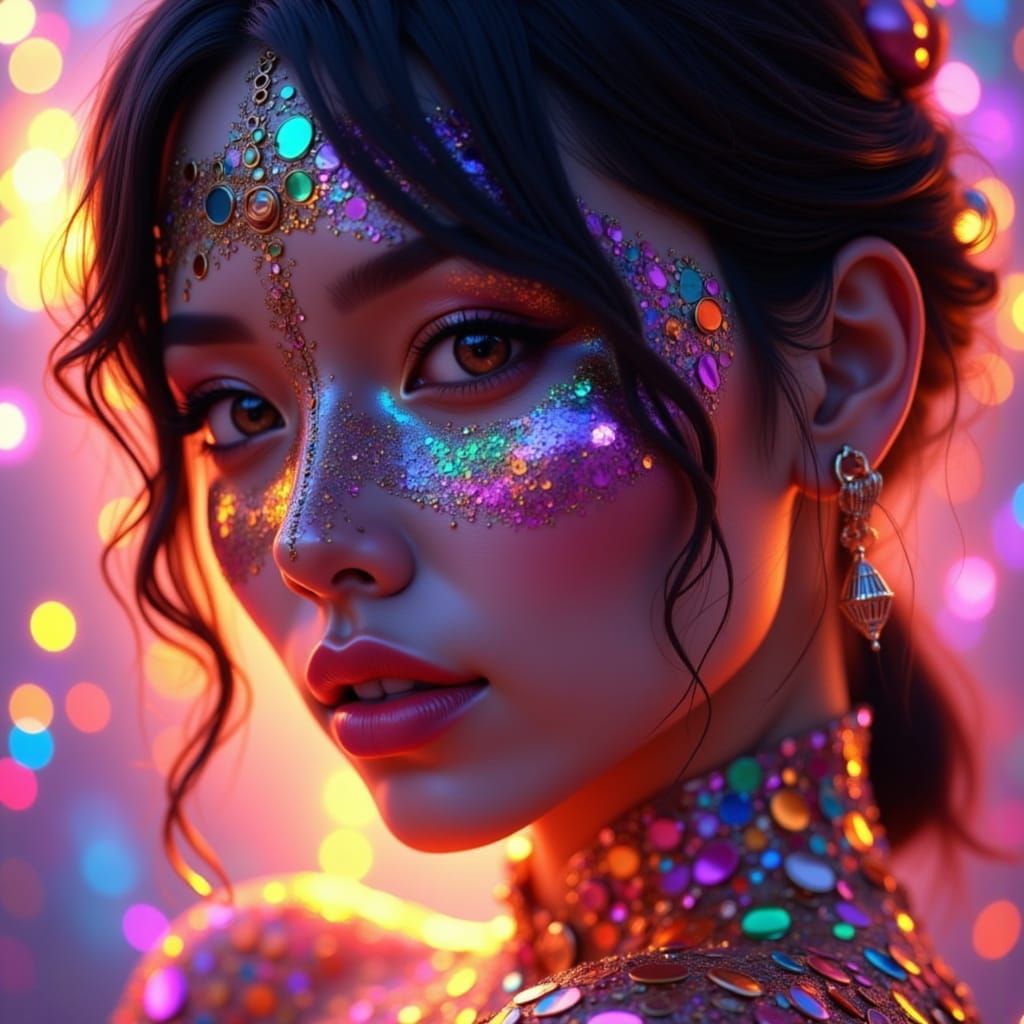 Hyperrealistic Portrait of a Woman in Vibrant, Colorful Back...