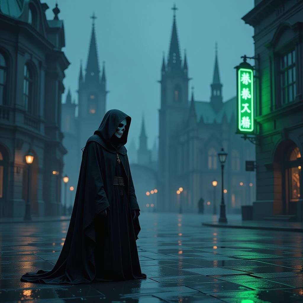 Melancholic Grim Reaper in Gothic Brutalist City Square